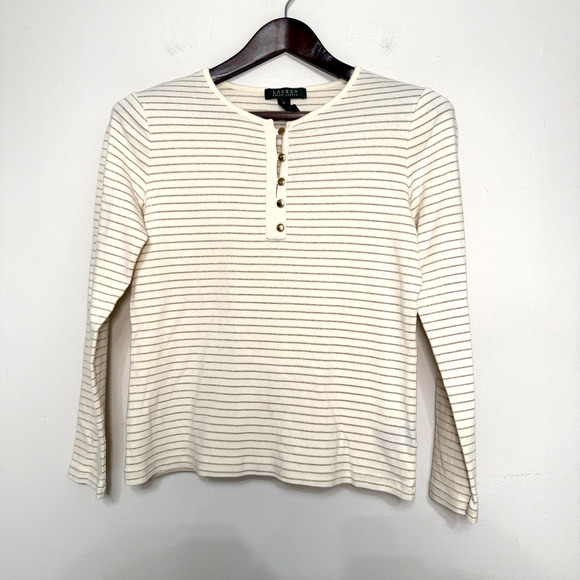Lauren Ralph Lauren Tops - LRL Ralph Lauren Womens Medium Cream Gold Stripe Long Sleeve Henley Top Classic
